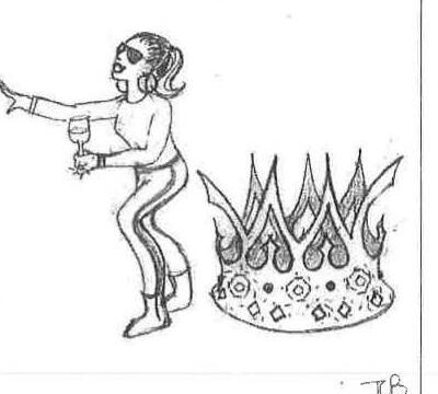 Cartoon sketch of a princess drinking wine, gesturing dismissively at a spiked crown