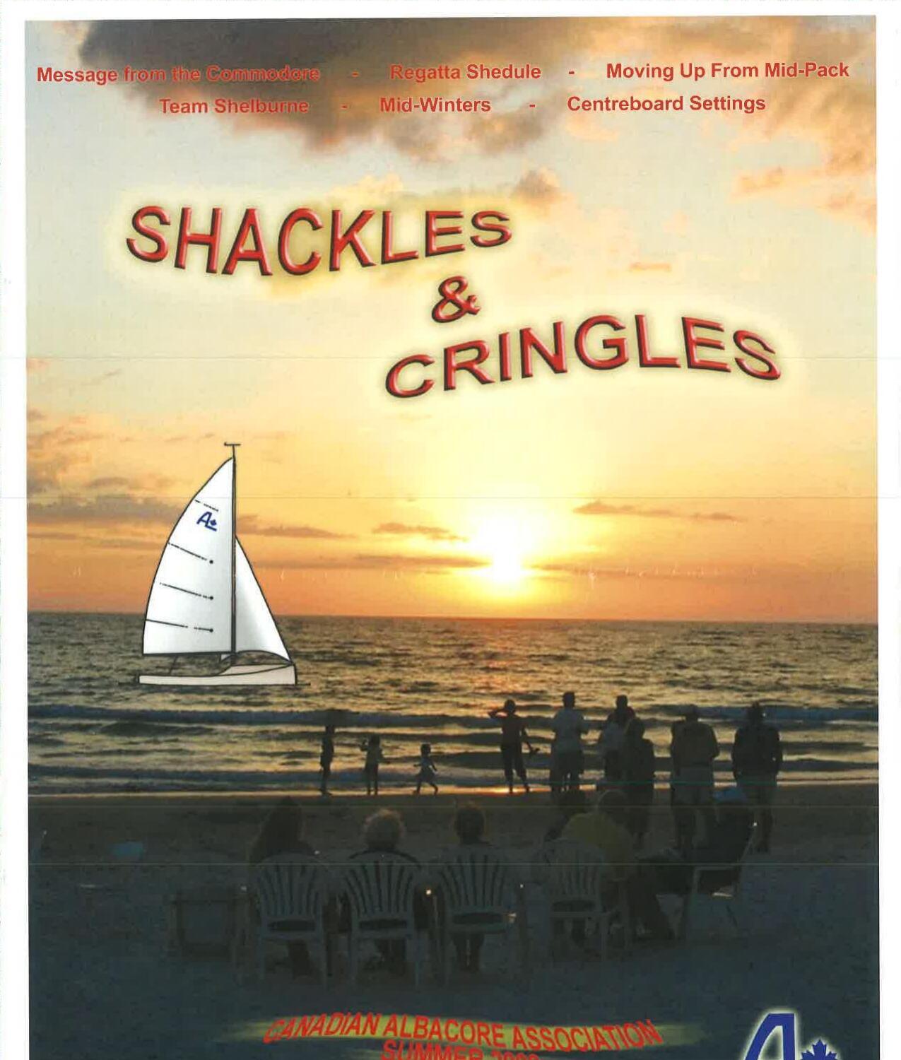 Shackles & Cringles Summer 2008 cover: a beach sunset with an illustrated Albacore sail and silhouetted onlookers