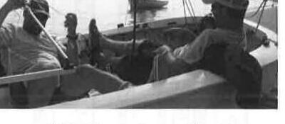 Sailors aboard an Albacore with birthday streamers, mid-race