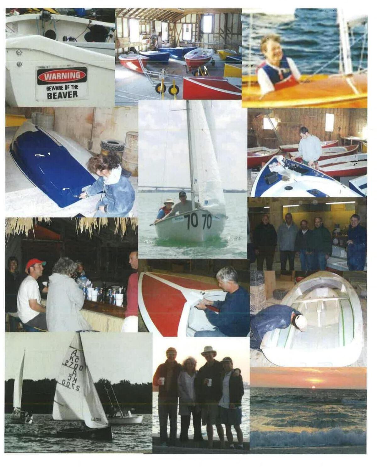 A grid of candid snapshots from this issue's articles: boat repair, the Shelburne fleet restoration, Sarasota sailors, and a beach sunset
