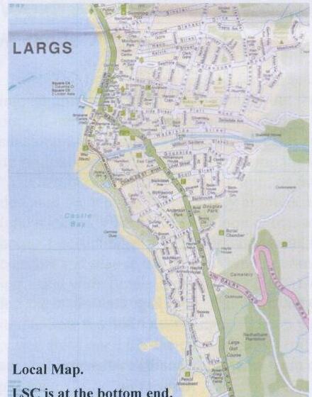 A local street map of Largs, Scotland, showing the town along the coast with Largs Sailing Club at the southern end