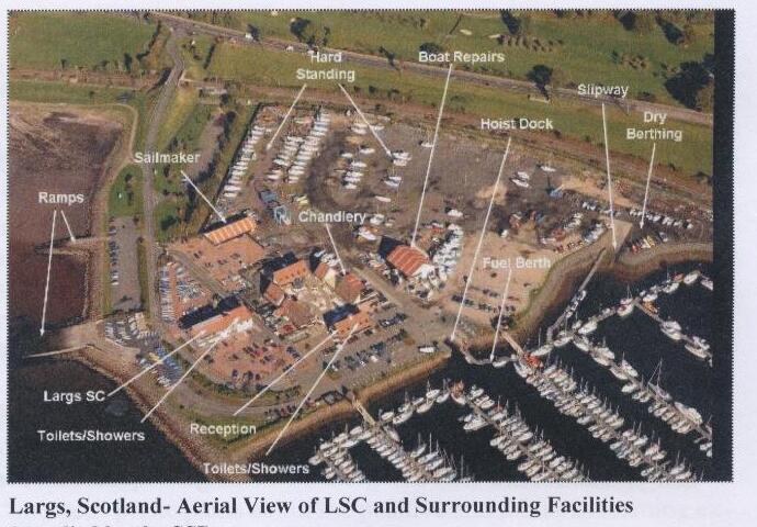 An aerial view of Largs Sailing Club and surrounding facilities, labeled with hard standing, boat repairs, hoist dock, slipway, dry berthing, sailmaker, chandlery, ramps, reception, toilets/showers, and fuel berth