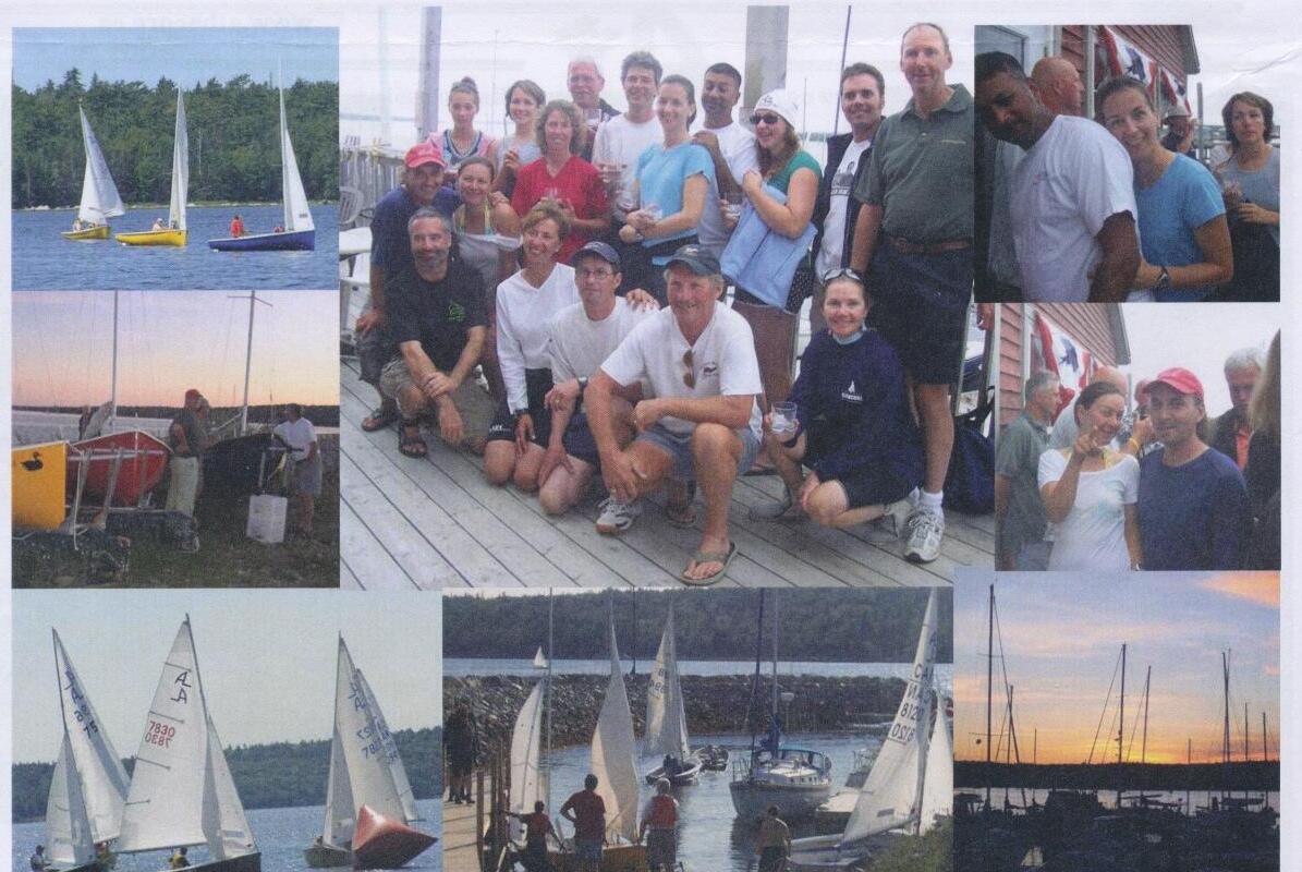 A photo collage of candid shots from Shelburne, Nova Scotia: Albacores racing, a group photo on a deck, sailors on the dock, and sunset views of the marina