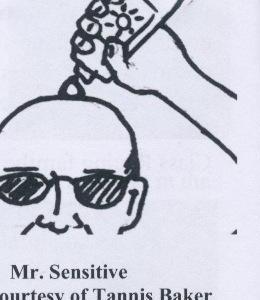 A cartoon sketch of a bald, sunglassed man labeled Mr. Sensitive, having sunscreen poured on his head