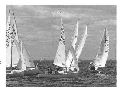 A fleet of Albacores racing together near Hamilton, several boats overlapped near a mark