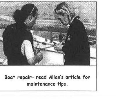 Two sailors doing boat repair work; caption reads Boat repair, read Allan's article for maintenance tips