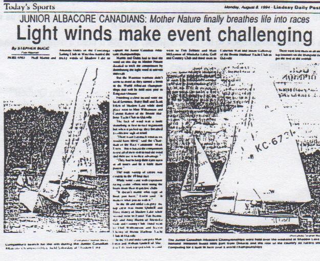 Newspaper clipping from the Lindsay Daily Post, Monday, August 8, 1994, headlined “Light winds make event challenging”, with two Albacore photos