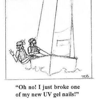 Cartoon sketch of two princesses sailing an Albacore, one waving; caption reads Oh no! I just broke one of my new UV gel nails!