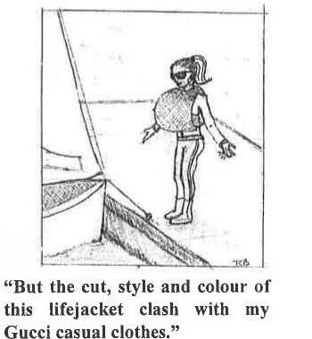 Cartoon sketch of a princess standing on a dock next to a boat; caption reads But the cut, style and colour of this lifejacket clash with my Gucci casual clothes