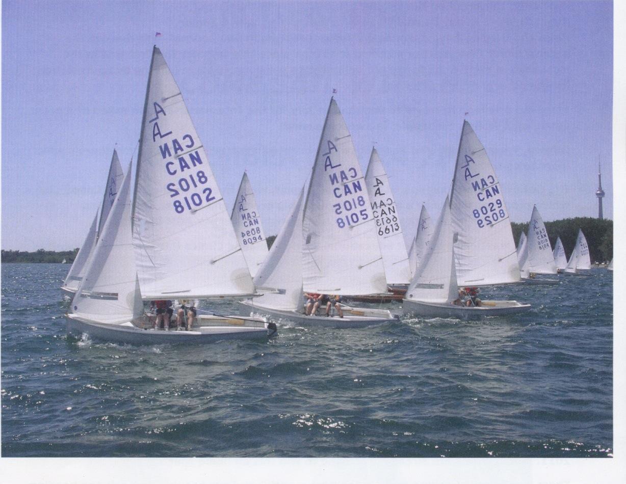 A pack of Albacores sailing downwind on Lake Ontario with the CN Tower visible in the distance, sail numbers including CAN 8102, 8105 and 8029