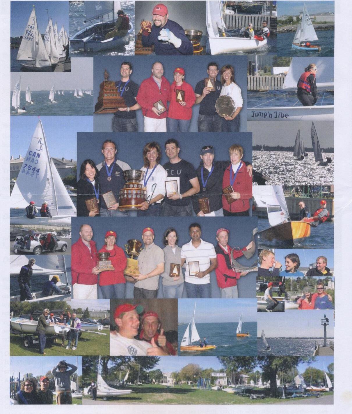 A dense collage of dozens of small candid photos from the 2008 sailing season: fleet racing shots, trophy presentations, boat launching, and boat-park scenes