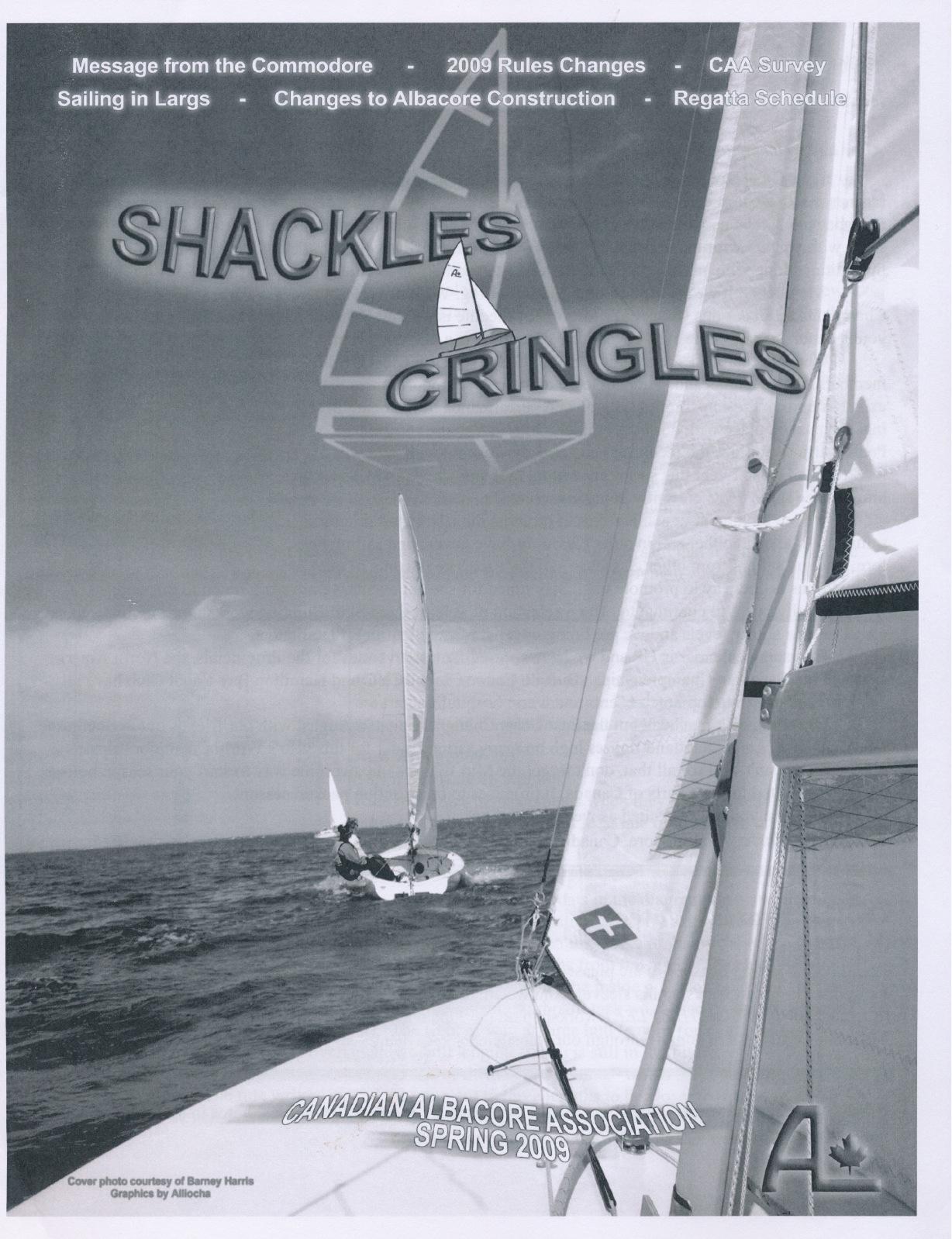 Shackles & Cringles Spring 2009 cover: a crew sailing an Albacore past the photographer's bow, sail number 8144