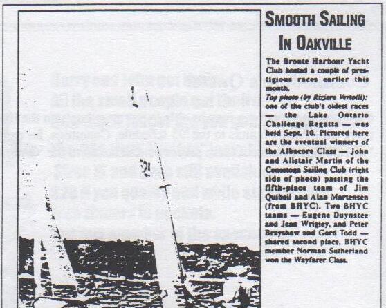 Oakville Beaver newspaper clipping headlined “Smooth Sailing in Oakville”, with a photo of two Albacores racing