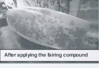An Albacore hull covered in patches of fairing compound, captioned After applying the fairing compound
