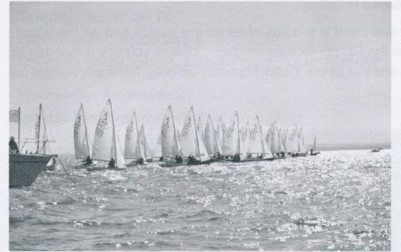 A large fleet of Albacores at a starting line, sails backlit and sparkling on the water