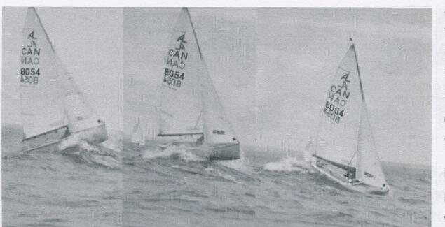 A three-frame sequence of Albacore CAN 8054 tacking through waves