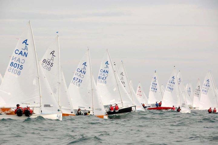 A fleet of Albacores at a start line on Lake Ontario, sails up and crews hiking out