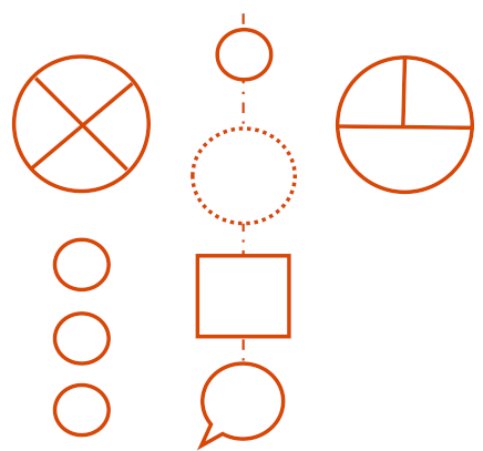 An unlabeled pattern of orange geometric shapes — an X inside a circle, small circles, a square, and a speech bubble