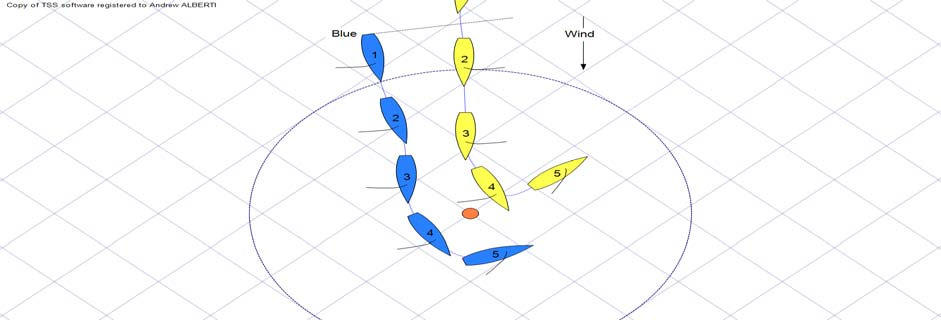 Diagram of a blue port-tack boat and a yellow starboard-tack boat approaching a leeward mark, numbered 1 through 5 showing each boat's track