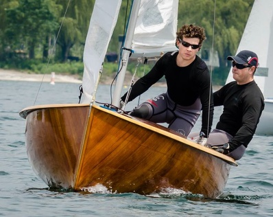 Two sailors on a wooden Albacore