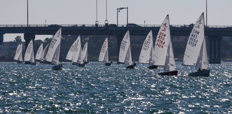 Albacore fleet racing past a bridge, sparkling water