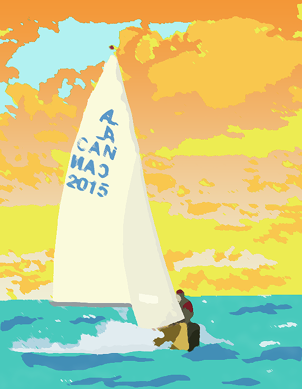 Stylized illustration of an Albacore sailing into a sunset, sail reading CAN MAC 2015