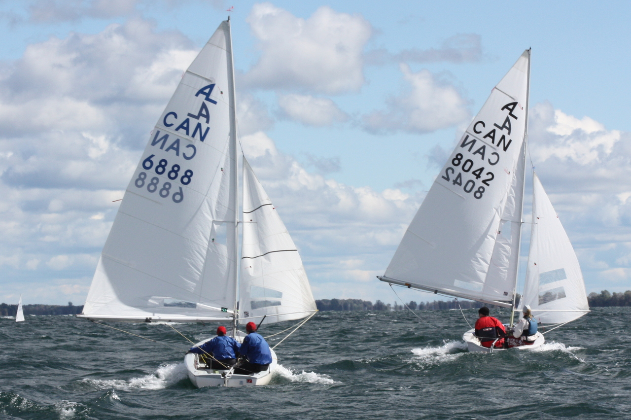 Two Albacores, 6888 and 8042, sailing downwind side by side