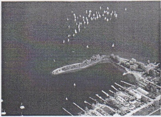 Aerial photo of the 62-boat Toronto Friday night Albacore fleet near the start line, with the harbour and docks below