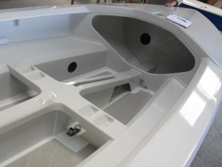 Close-up of the Ovington Albacore interior mould, showing the thwart seat and control-line recesses