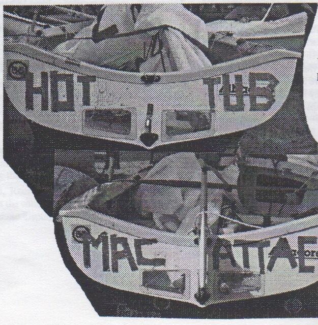 Two views of the same Albacore transom, one lettered “HOT TUB” and the other “MAC ATTAEK”