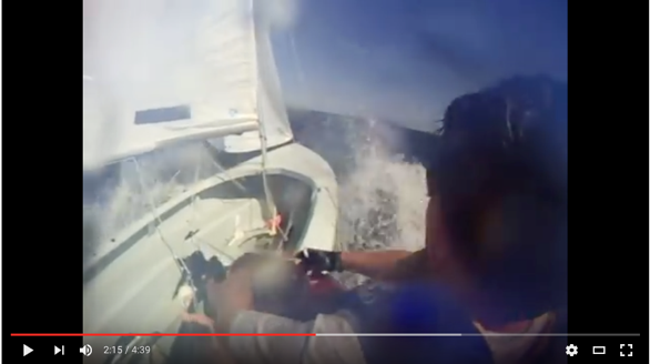 Video still from a helmet camera during a wave-splashed Albacore race