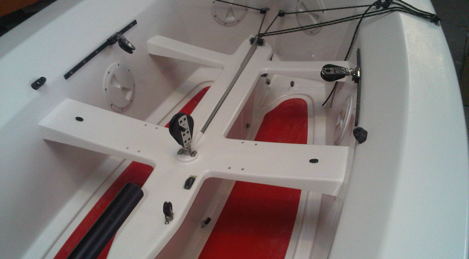 Interior detail of an Ovington Albacore, seat tanks and centreboard case