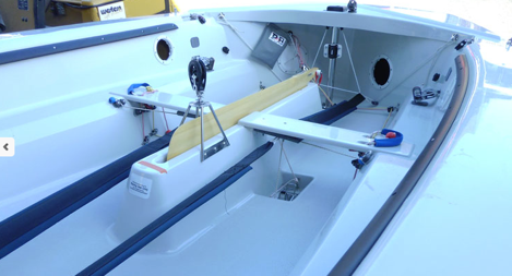 Interior of an unrigged Albacore hull showing the moulded seat tank structure