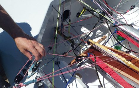 Close-up of rigging fittings inside an Albacore hull