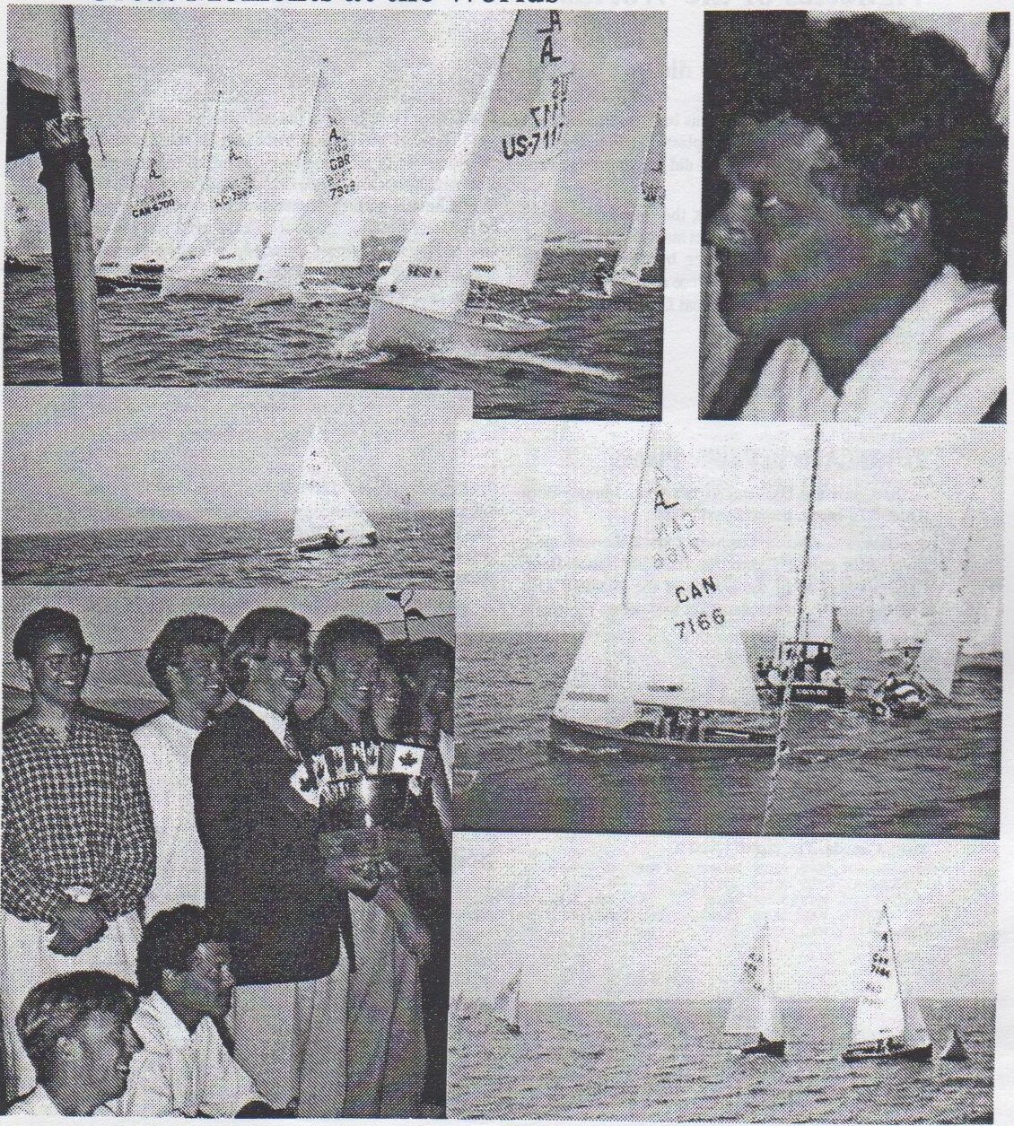 Photo collage: Albacores at the gate start line, John Clark, Dave Harris starting and leading at the windward mark, and the awards ceremony group holding a trophy and Canadian flags