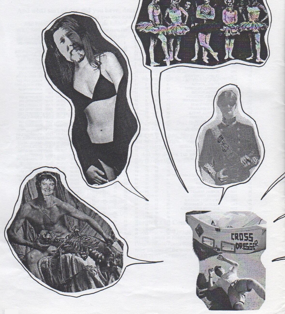 Comic-style collage of cut-out photos in speech-bubble outlines: a woman in a bikini, a line of men in tutus and tiaras, a man in a dress uniform, a man lounging in a hammock, and a boat transom lettered “CROSS DRESSER”