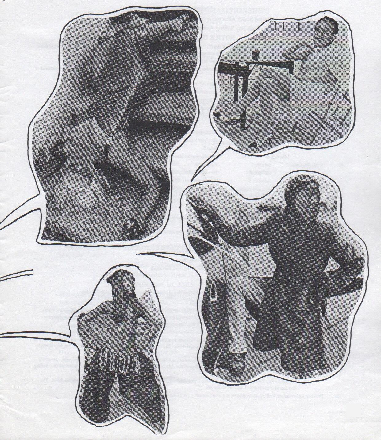 More speech-bubble cut-outs: a sailor sprawled upside-down over a boat, a man in a dress and heels lounging at a patio table, a figure in a grass skirt and braided wig, and a sailor in a leather flying helmet and long coat