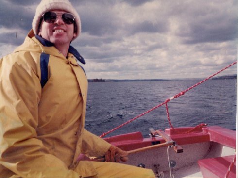 Dad on the tiller of Proud Mary, mid 1980s