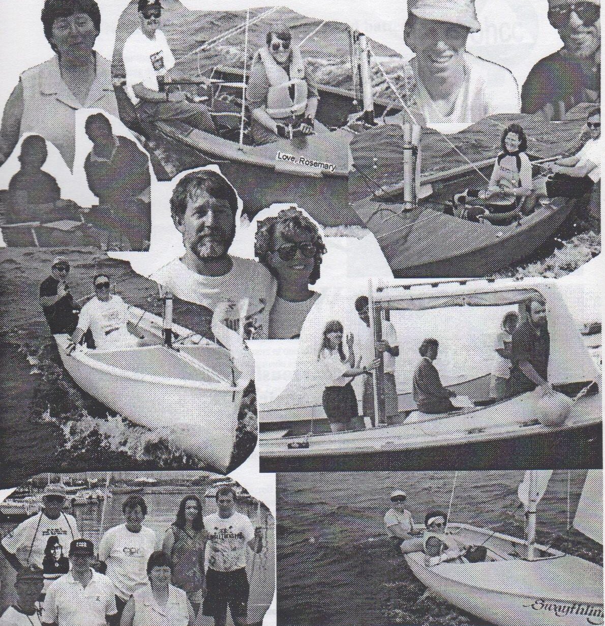 Photo collage of race officials, volunteers and sailors at the 1995 Albacore Worlds, including the gate launch crew and the race committee boat
