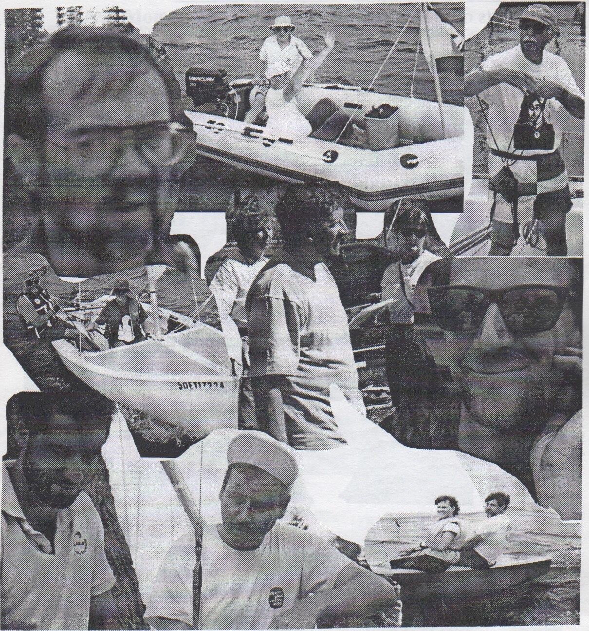 Second photo collage of Worlds sailors and volunteers: close-up faces, a rescue inflatable and Albacores on the water