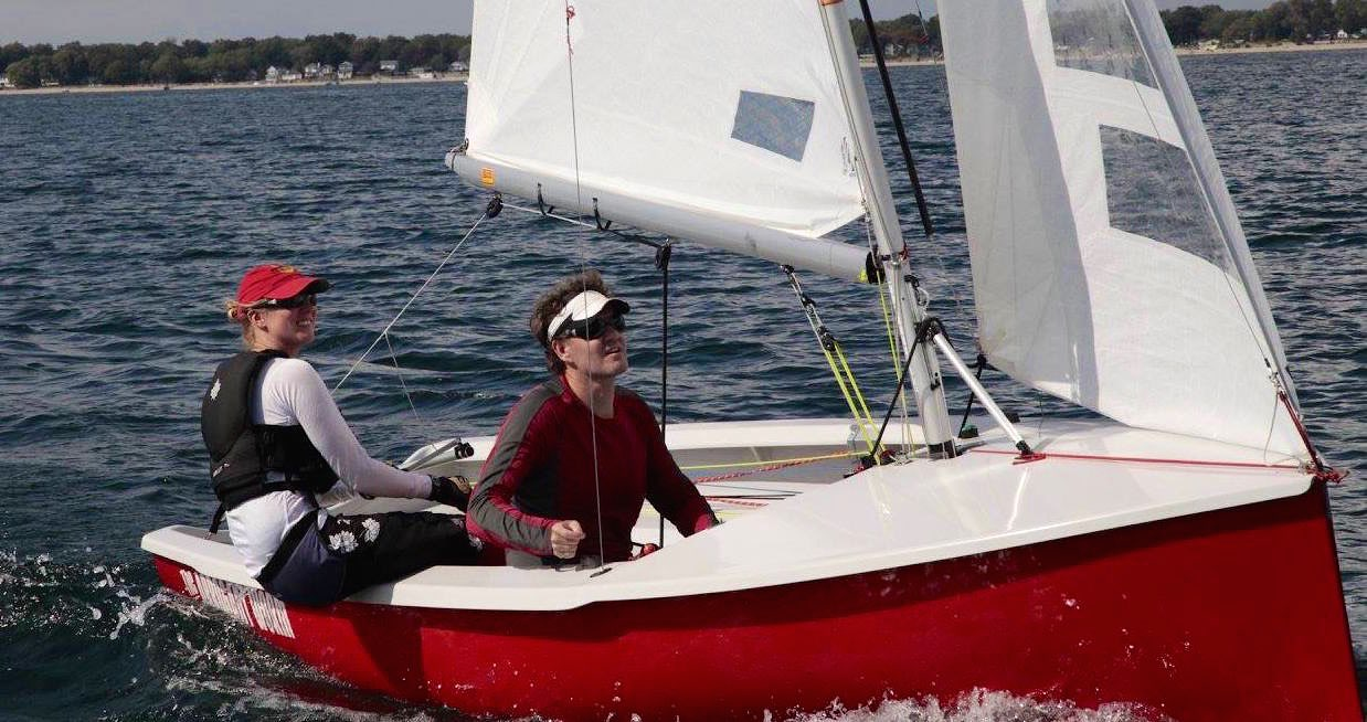A red Albacore sailing close-hauled, Canadians Day 1