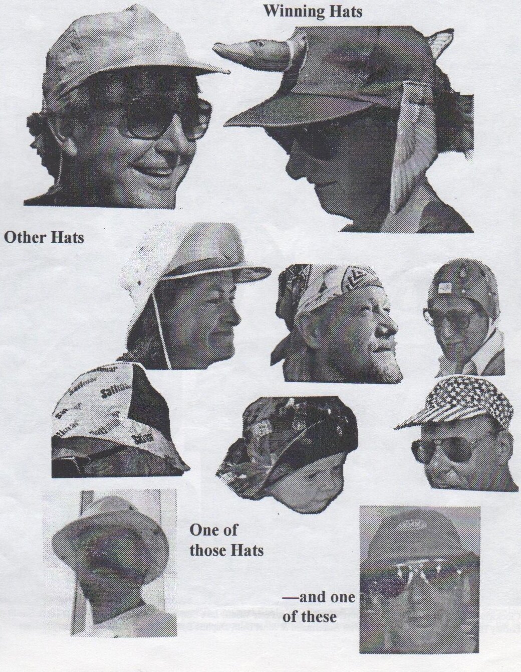 Collage of sailors’ heads in assorted hats: “Winning Hats” including a cap with a stuffed duck on top, “Other Hats” including a bandana and a stars-and-stripes cap, and “One of those Hats — and one of these”