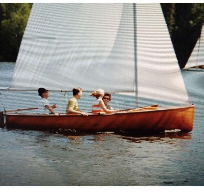 A wooden Albacore sailing with four aboard, from Tom Saunders' collection