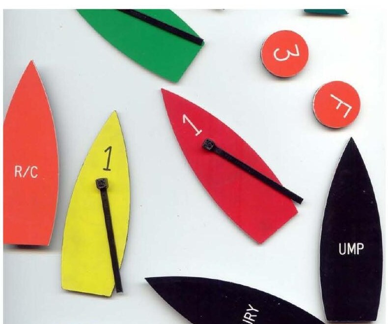Sailboat class flags and umpire flags laid out on a table