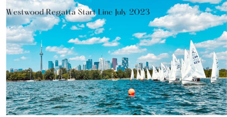 Westwood Regatta start line, July 2023, with the Toronto skyline behind
