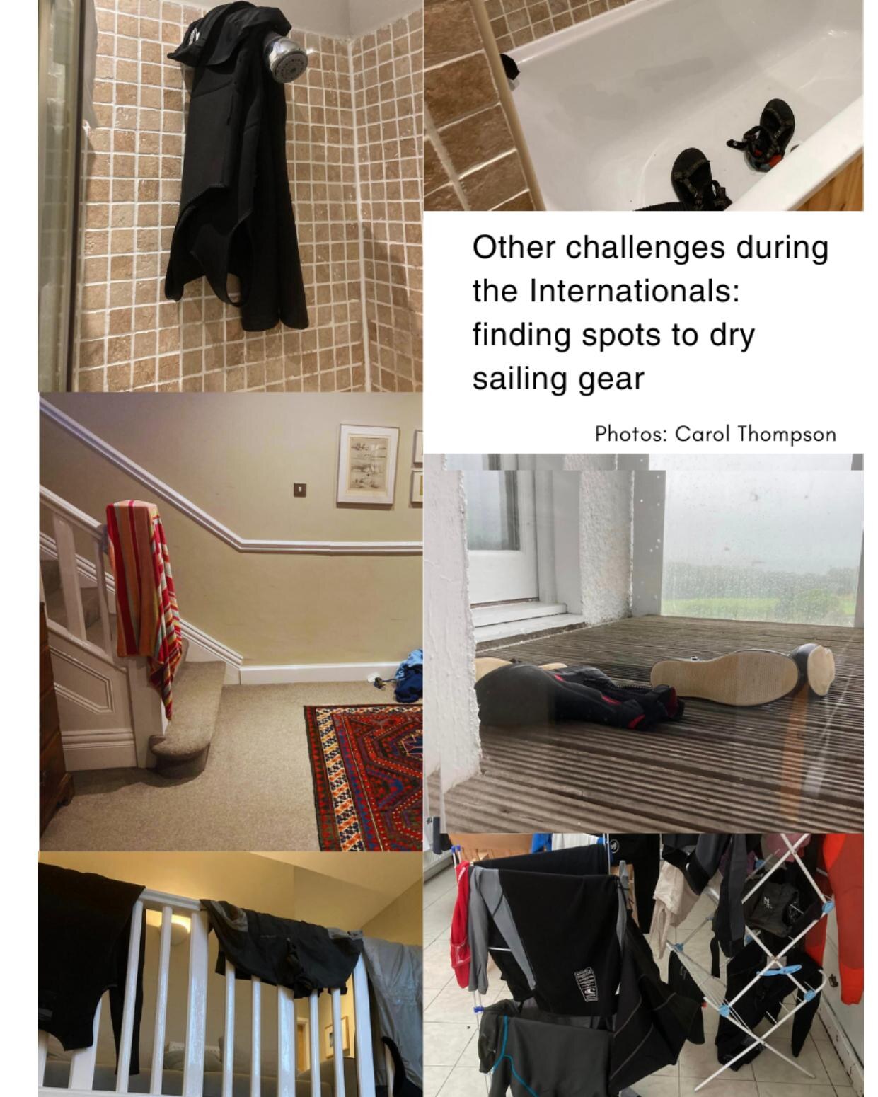 Collage of sailing gear drying in odd corners of a rented house during the Internationals, photos by Carol Thompson