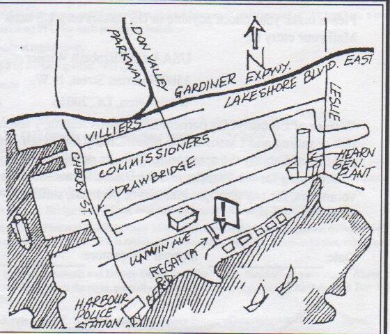 Hand-drawn map of Toronto’s Outer Harbour: Don Valley Parkway and Gardiner Expressway, Lake Shore Blvd. East, Commissioners and Unwin Ave., the Hearn generating plant, and an arrow marking the club on Regatta Rd.