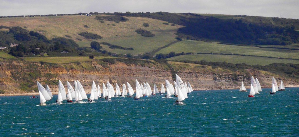 A shot of the Internationals fleet at Weymouth along the cliffs