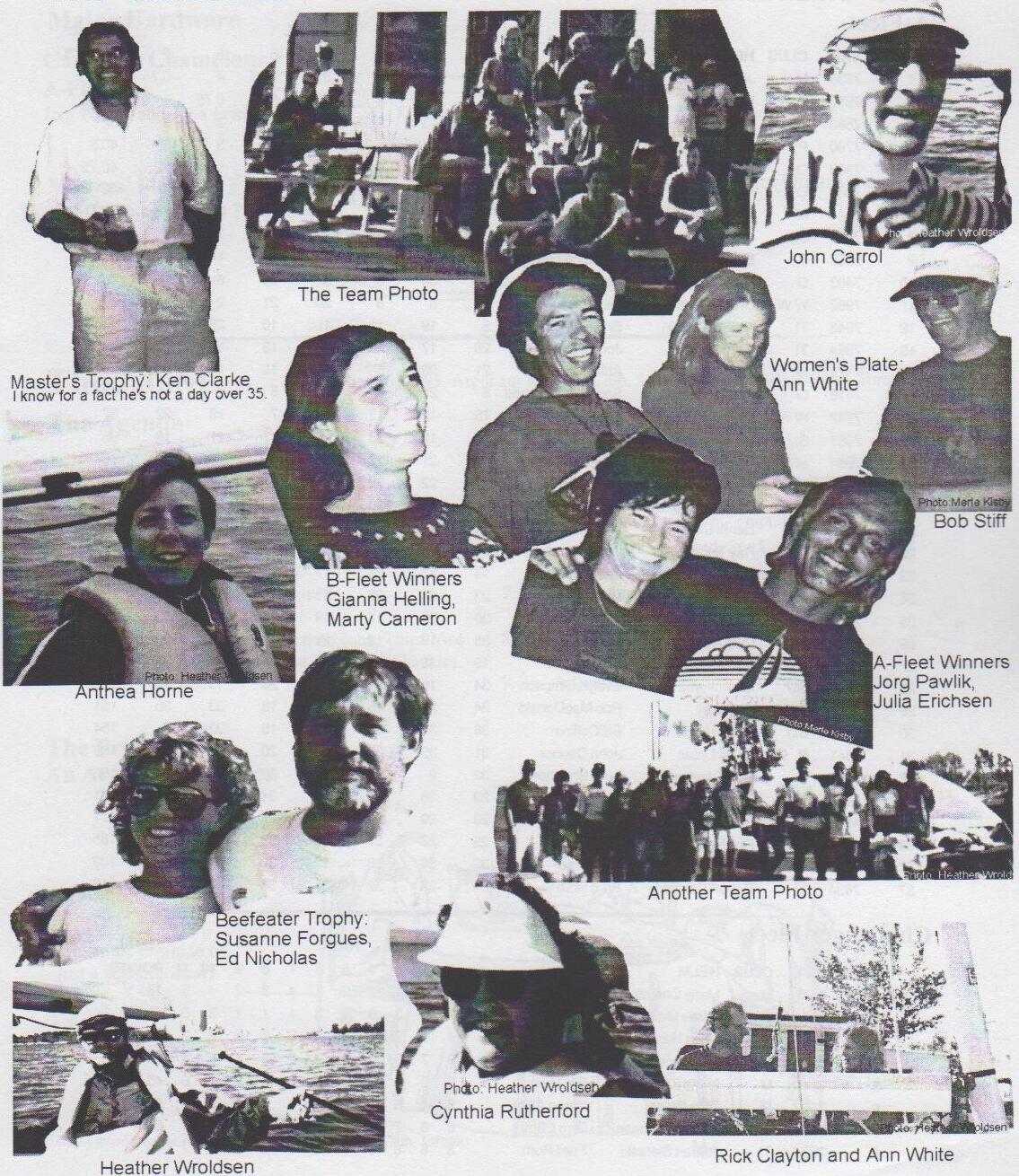 Photo collage from the 1995 Canadians: Master’s Trophy winner Ken Clarke, two team photos, John Carrol, Women’s Plate winner Ann White with Bob Stiff, B-Fleet winners Gianna Helling and Marty Cameron, A-Fleet winners Jorg Pawlik and Julia Erichsen, Anthea Horne, Beefeater Trophy winners Susanne Forgues and Ed Nicholas, Heather Wroldsen, Cynthia Rutherford, and Rick Clayton with Ann White