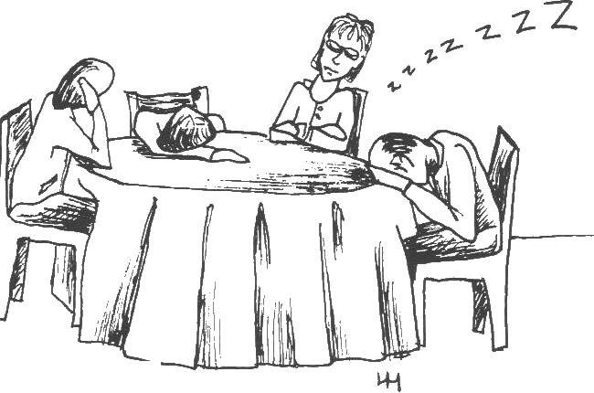 Pen-and-ink cartoon of four people slumped asleep around a round table, one snoring “zzzZZ”